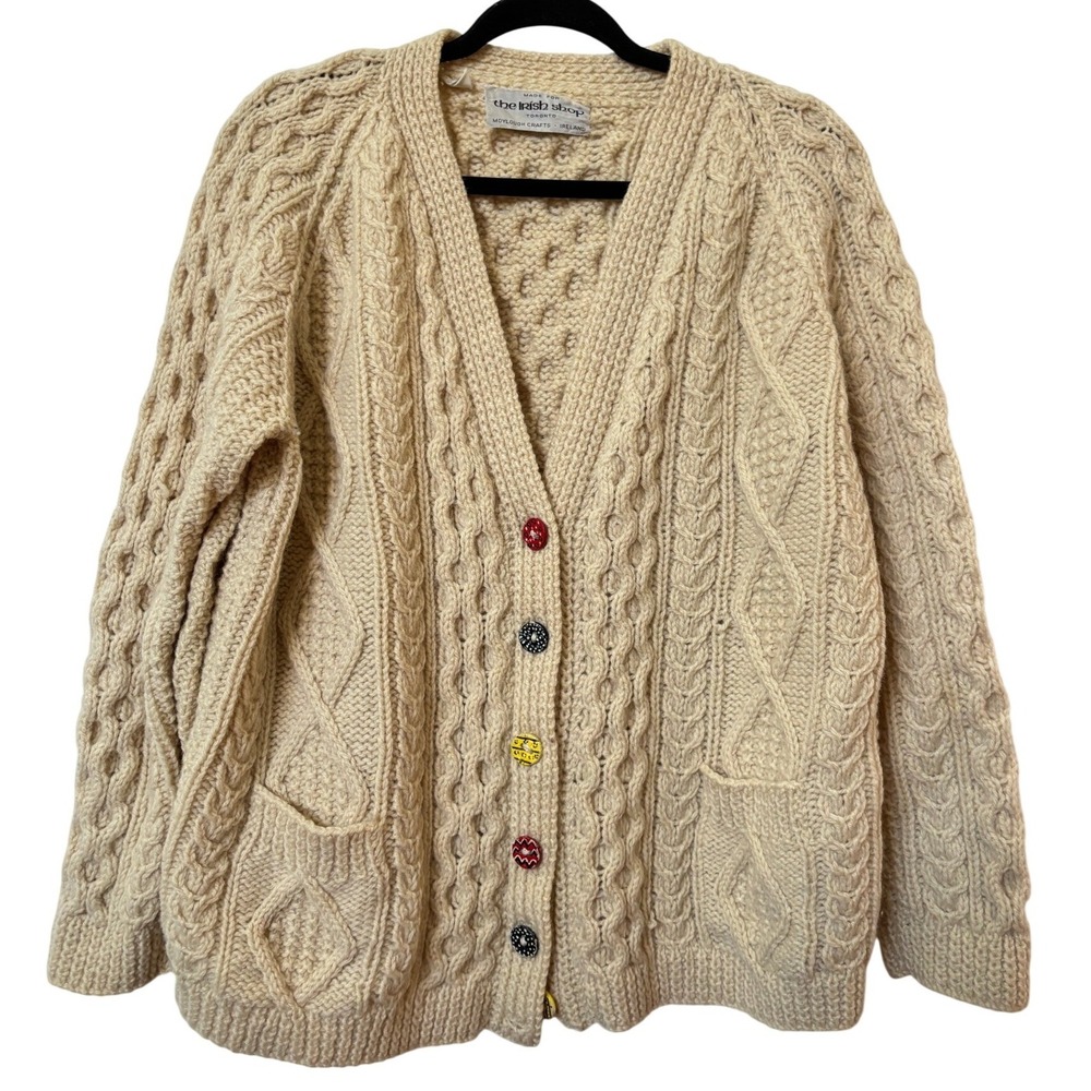 Vintage Moylough Crafts Irish Wool Cardigan Cream Cable Knit Sweater